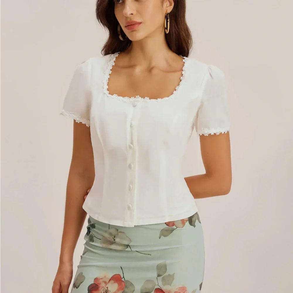Rihoas White Square Neck Button Lace Blouse - Picture 1 of 9